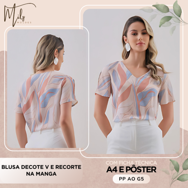 Blusa Decote V e Recorte na Manga