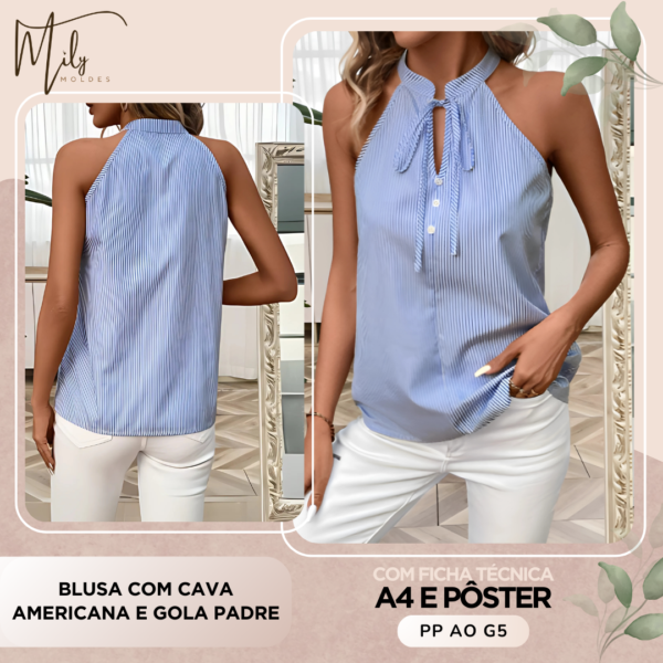 Blusa com Cava Americana e Gola Padre