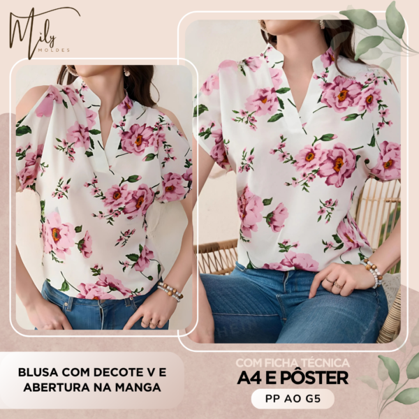 Blusa com Decote V e Abertura na Manga