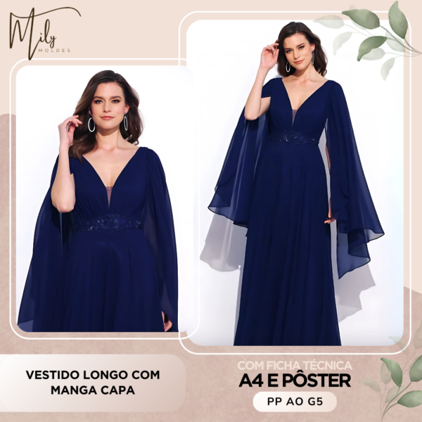 Vestido Longo com Manga Capa