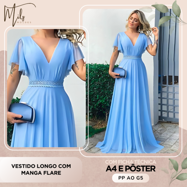 Vestido Longo com Manga Flare