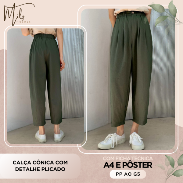 Calça Cônica com Detalhe Plicado