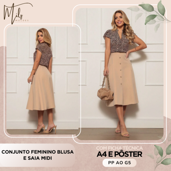 Conjunto Feminino Blusa e Saia Midi