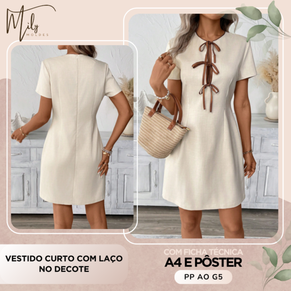 Vestido Curto com Laço no Decote