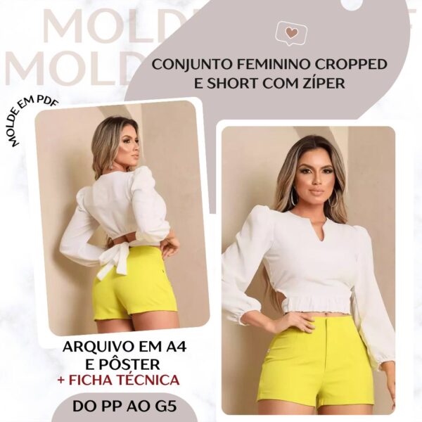 Conjunto Feminino Cropped e Short com Zíper