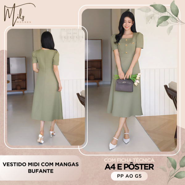 Vestido Midi Com Mangas Bufante