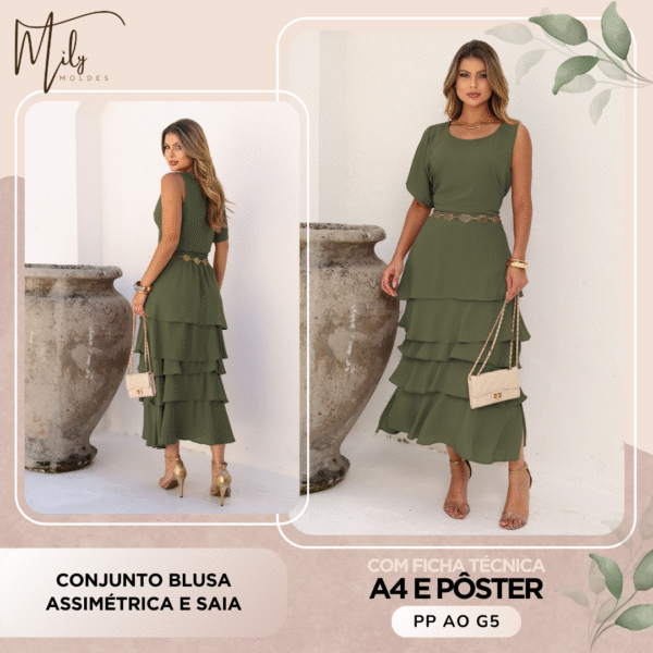 Conjunto Blusa Assimétrica e Saia