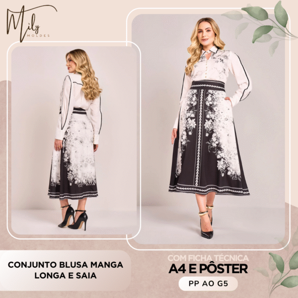 Conjunto Blusa Manga Longa e Saia