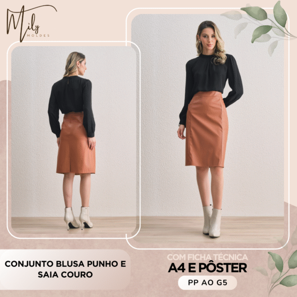 Conjunto Blusa Punho e Saia Couro