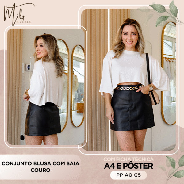 Conjunto Blusa com Saia Couro