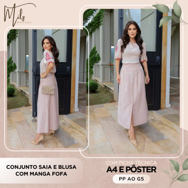Conjunto Saia e Blusa com Manga Fofa