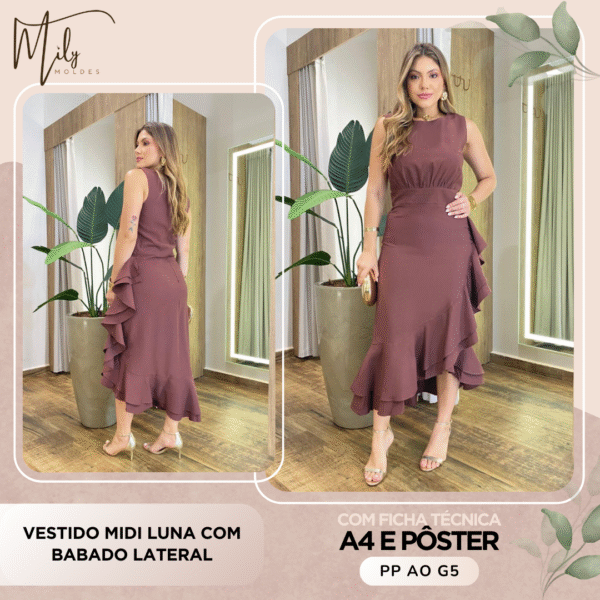 Vestido Midi Luna com Babado Lateral