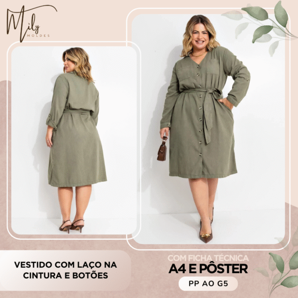 Vestido com Laço na Cintura e Botões