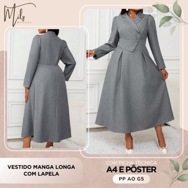 Vestido Manga Longa com Lapela