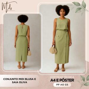 Conjunto Midi Blusa e Saia Oliva