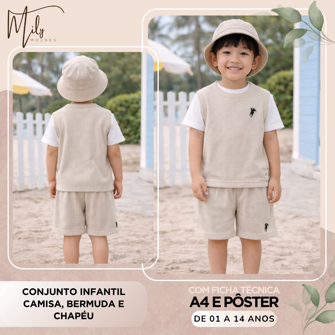 Conjunto Infantil Camisa, Bermuda e Chapéu