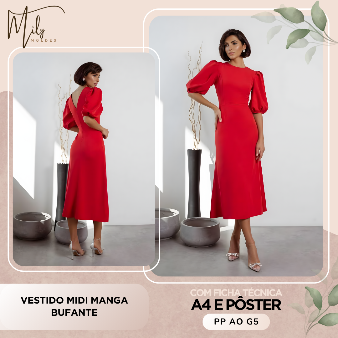 Vestido Midi Manga Bufante