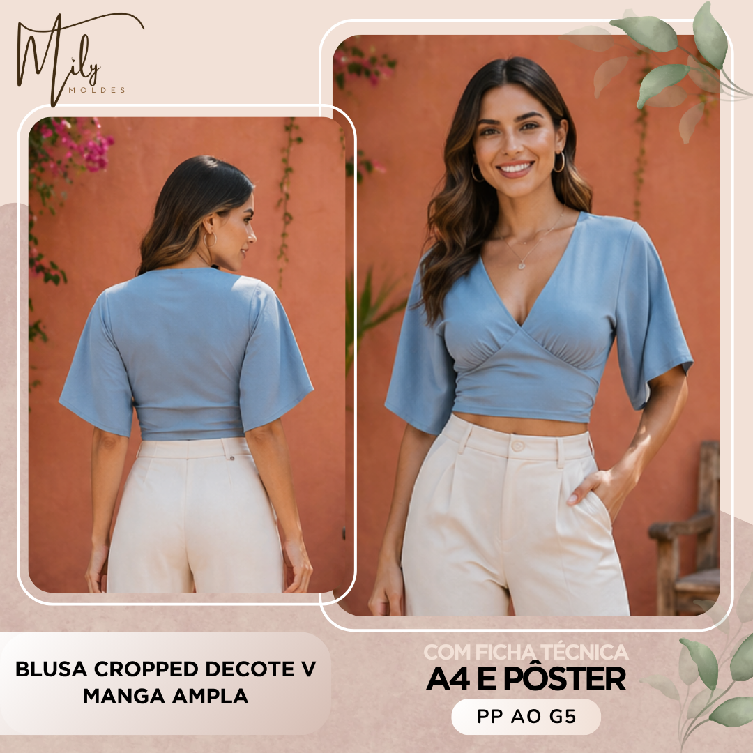 Blusa Cropped Decote V Manga Ampla