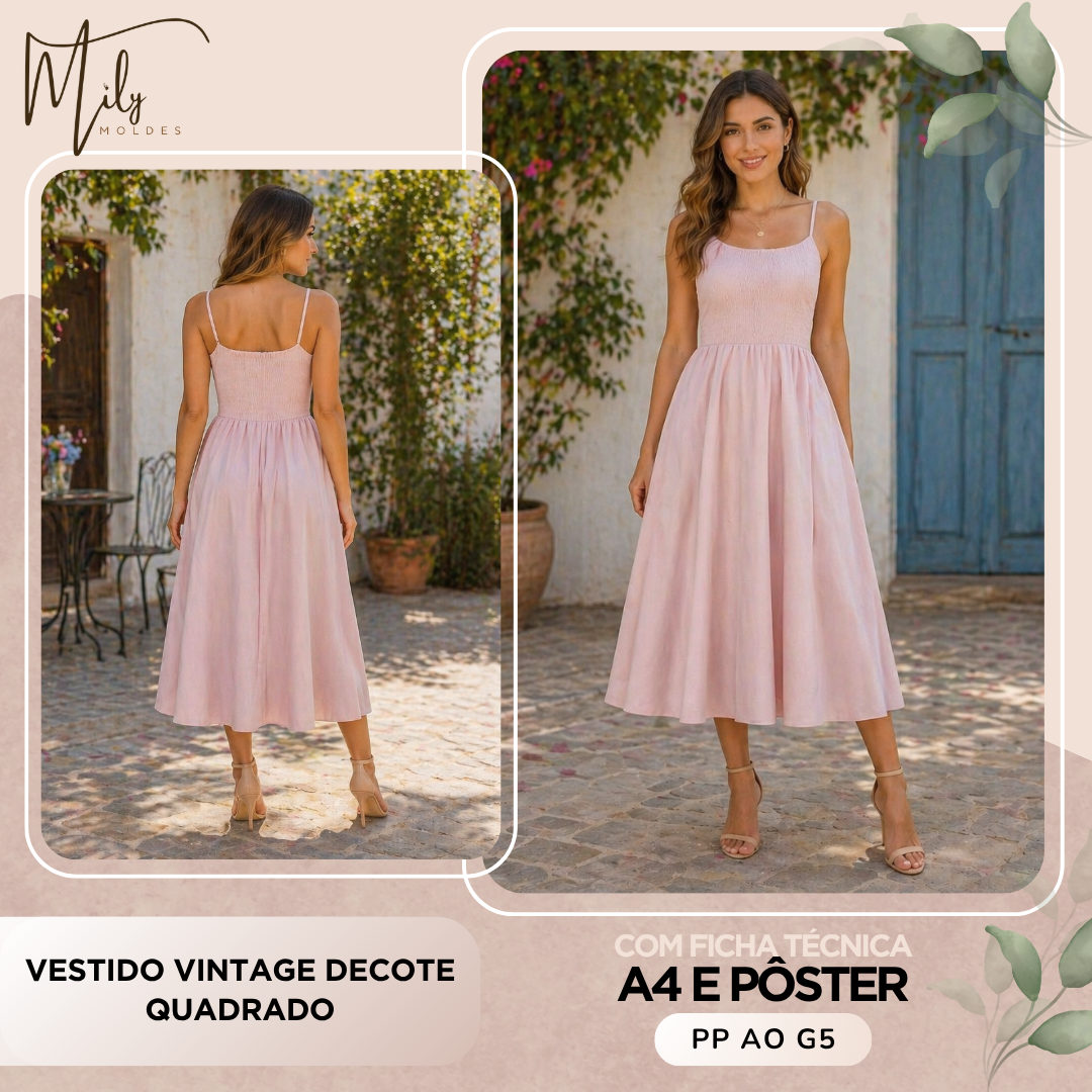 Vestido Vintage Decote Quadrado
