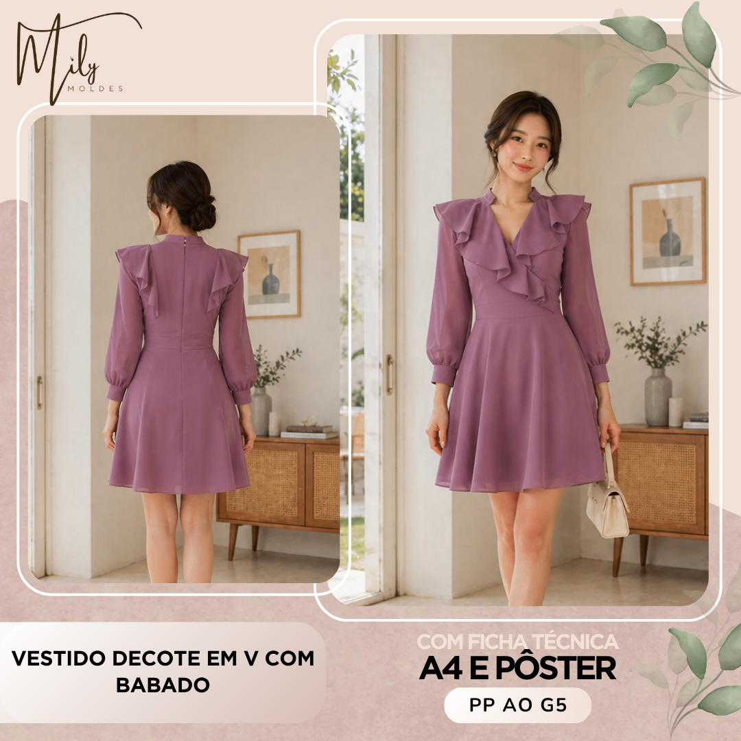 Vestido Decote em V com Babado